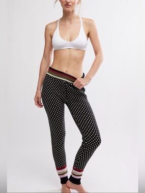 Free People Black Polka Dot Ribbed Lounge Leggings with Striped Cuffs NWT